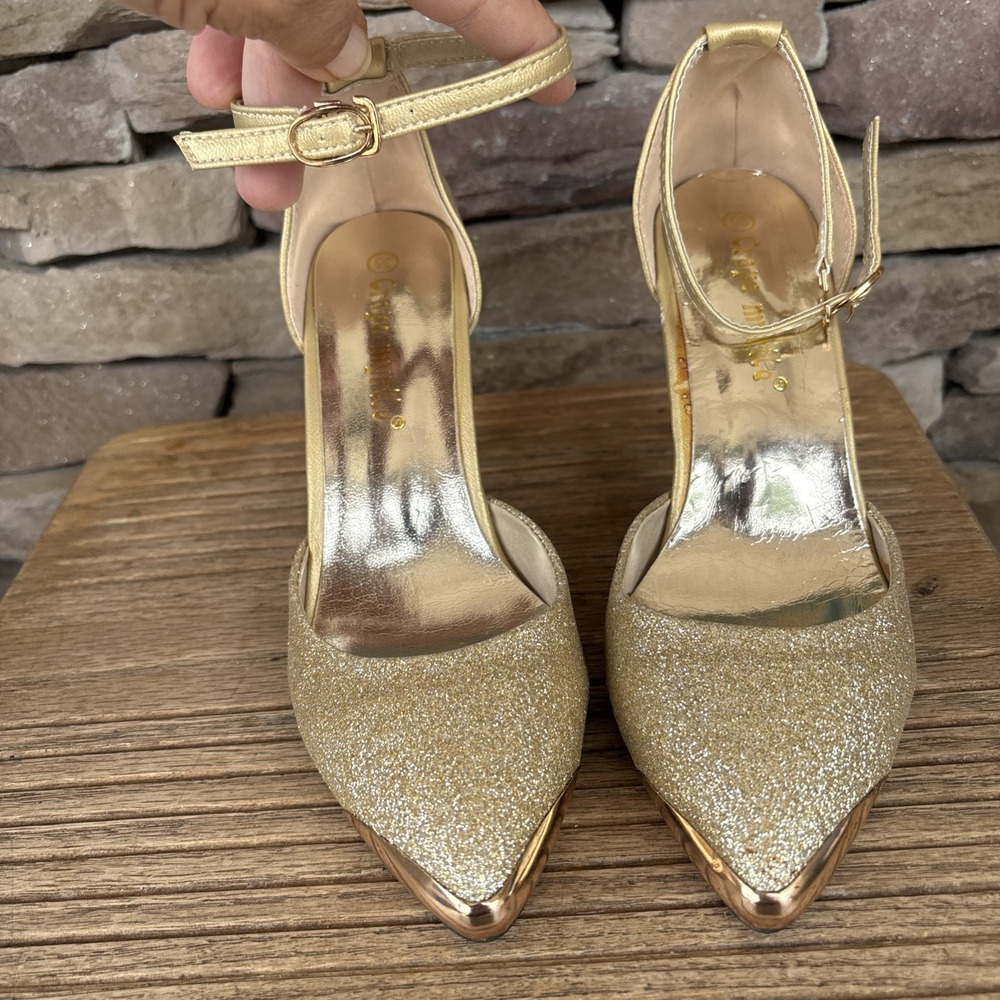 Crape Myrtle Womens Gold W/Glitter Platted Pointed Toe/ Strap Back Heels 35/5